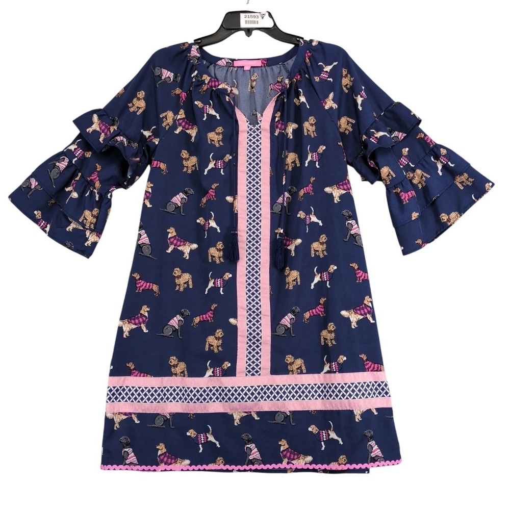 Simply Southern Navy Dog Print Shift Mini Dress Sz M Tassel Boho Embroidered